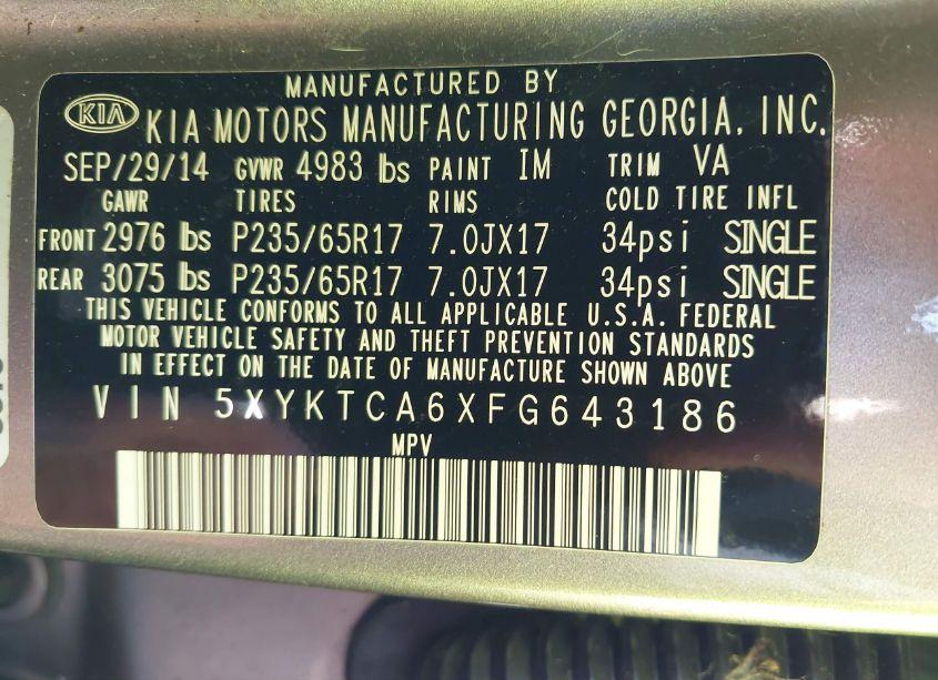 Photo 9 of 2015 Kia Sorento LX (VIN 5XYKTCA6XFG643186)