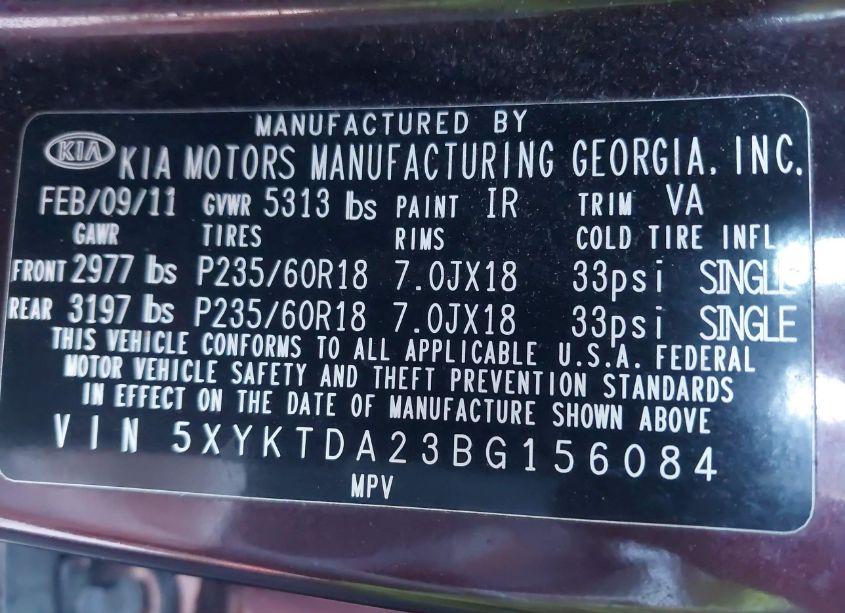 Photo 9 of 2011 Kia Sorento LX V6 (VIN 5XYKTDA23BG156084)