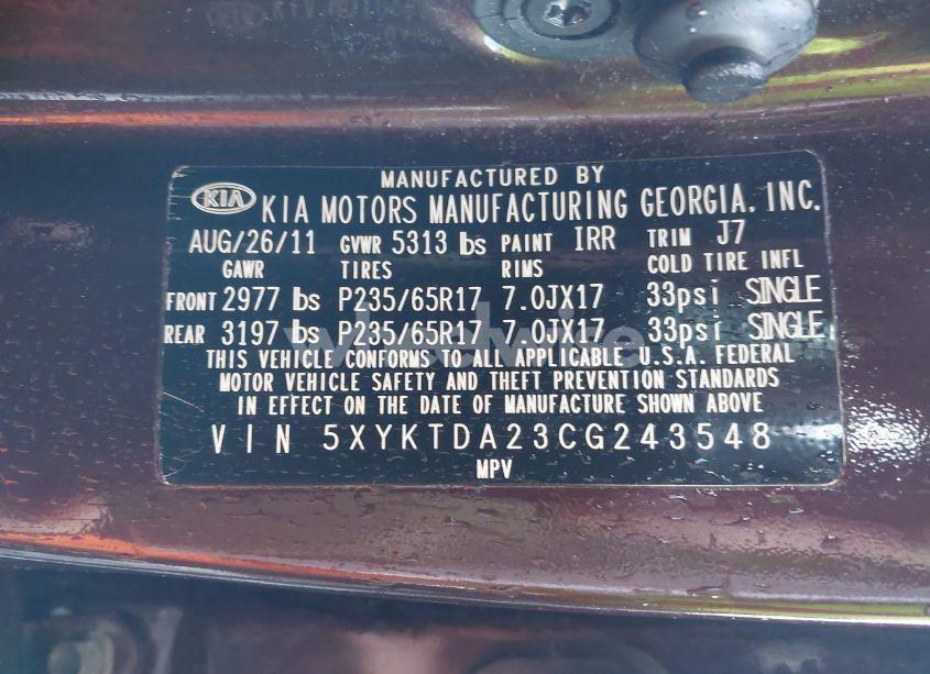 Photo 9 of 2012 Kia Sorento LX V6 (VIN 5XYKTDA23CG243548)