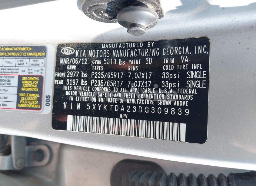 Photo 9 of 2013 Kia Sorento LX V6 (VIN 5XYKTDA23DG309839)