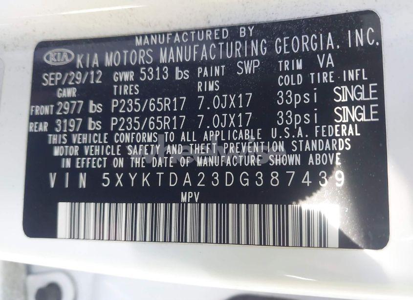 Photo 9 of 2013 Kia Sorento LX V6 (VIN 5XYKTDA23DG387439)