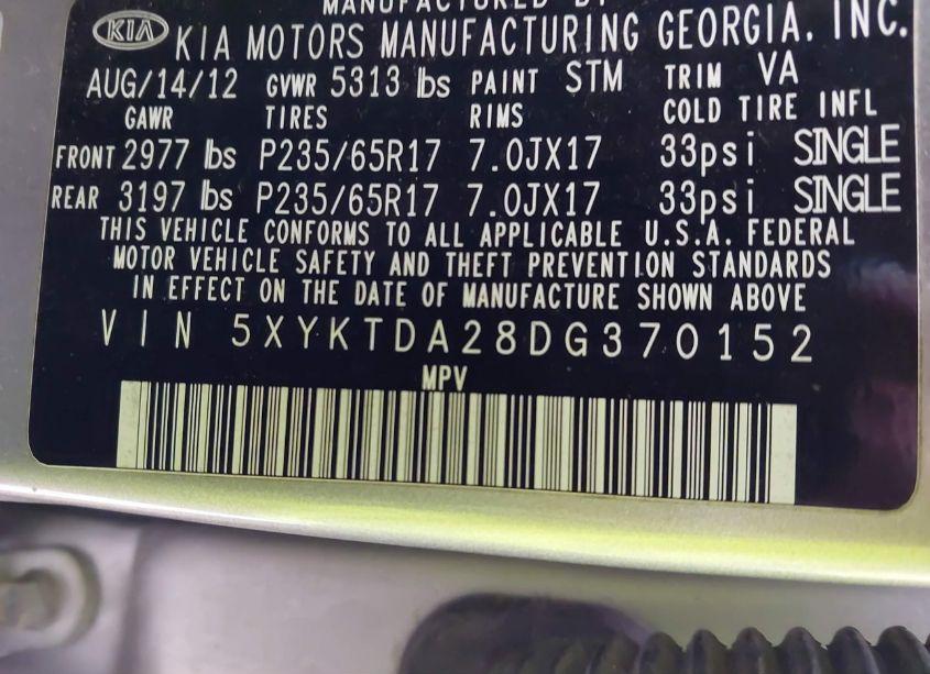 Photo 9 of 2013 Kia Sorento LX V6 (VIN 5XYKTDA28DG370152)