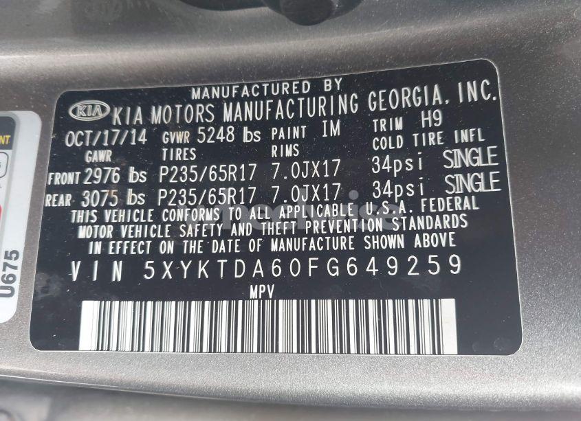 Photo 9 of 2015 Kia Sorento LX (VIN 5XYKTDA60FG649259)