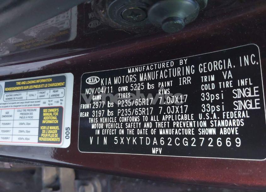 Photo 9 of 2012 Kia Sorento LX (VIN 5XYKTDA62CG272669)