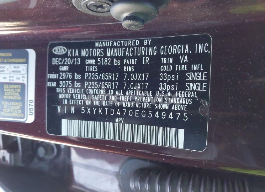 Photo 9 of 2014 Kia Sorento LX V6 (VIN 5XYKTDA70EG549475)