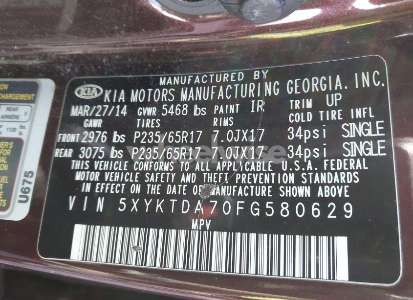 Photo 9 of 2015 Kia Sorento LX V6 (VIN 5XYKTDA70FG580629)