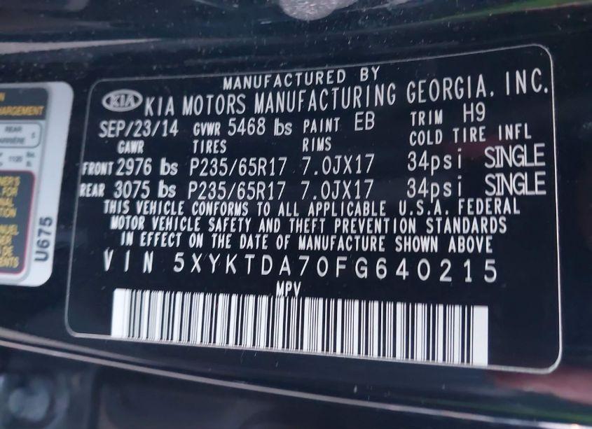 Photo 9 of 2015 Kia Sorento LX V6 (VIN 5XYKTDA70FG640215)