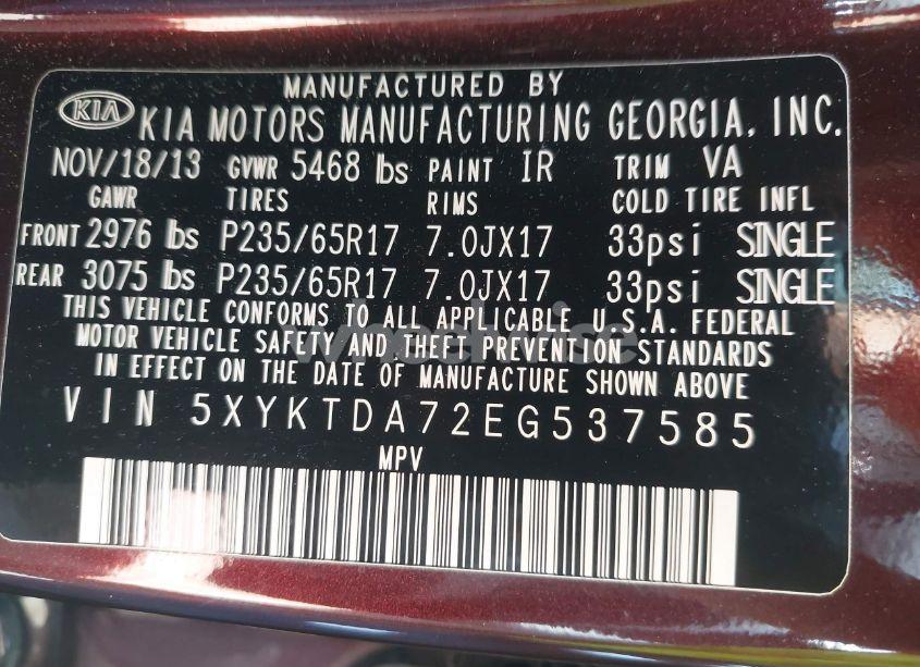 Photo 9 of 2014 Kia Sorento LX V6 (VIN 5XYKTDA72EG537585)