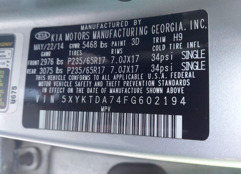 Photo 9 of 2015 Kia Sorento LX V6 (VIN 5XYKTDA74FG602194)