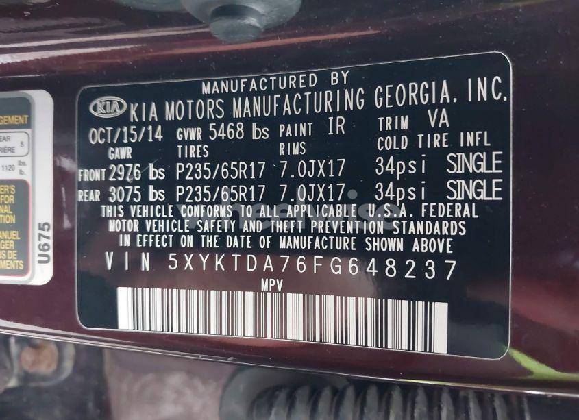 Photo 9 of 2015 Kia Sorento LX V6 (VIN 5XYKTDA76FG648237)