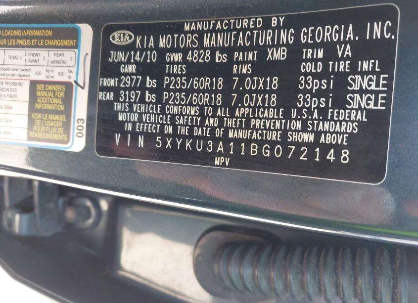 Photo 9 of 2011 Kia Sorento EX (VIN 5XYKU3A11BG072148)