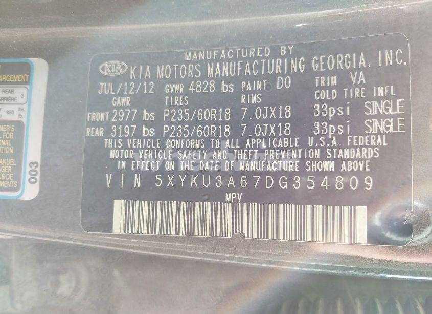 Photo 9 of 2013 Kia Sorento EX (VIN 5XYKU3A67DG354809)