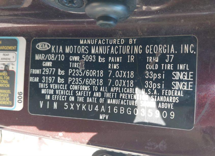 Photo 9 of 2011 Kia Sorento EX (VIN 5XYKU4A16BG035909)