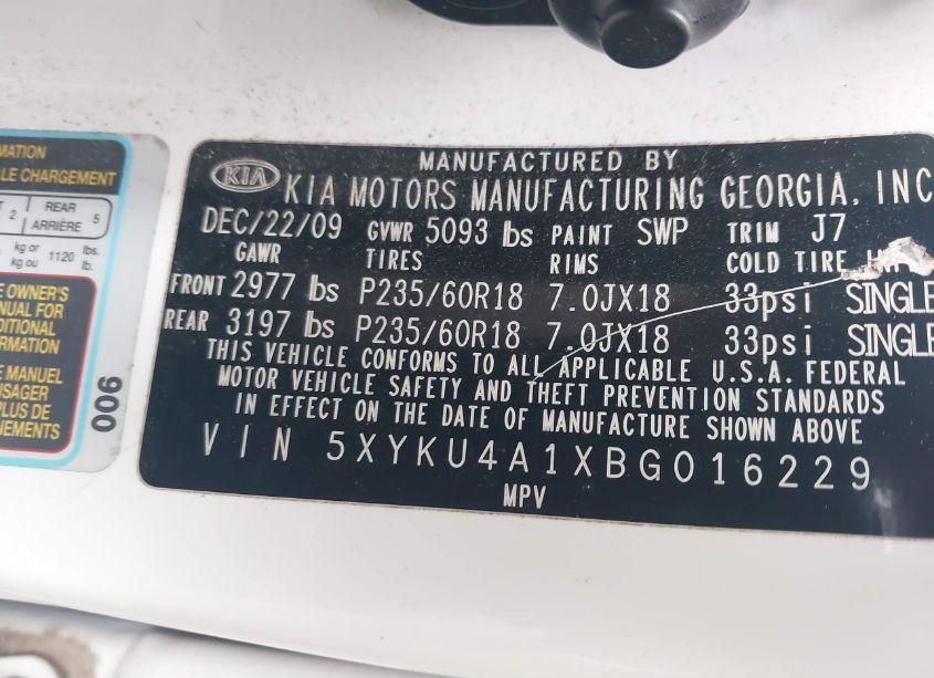 Photo 9 of 2011 Kia Sorento EX (VIN 5XYKU4A1XBG016229)