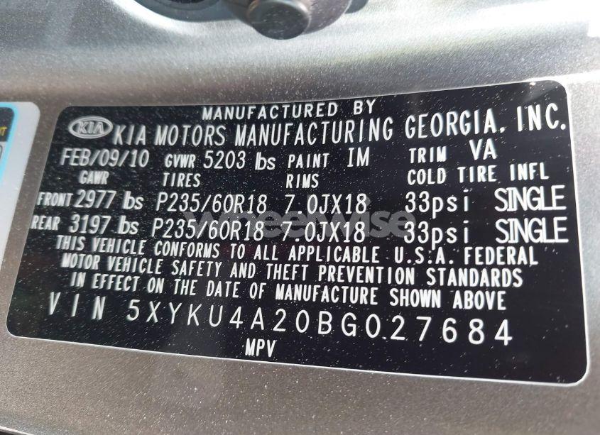 Photo 9 of 2011 Kia Sorento EX V6 (VIN 5XYKU4A20BG027684)