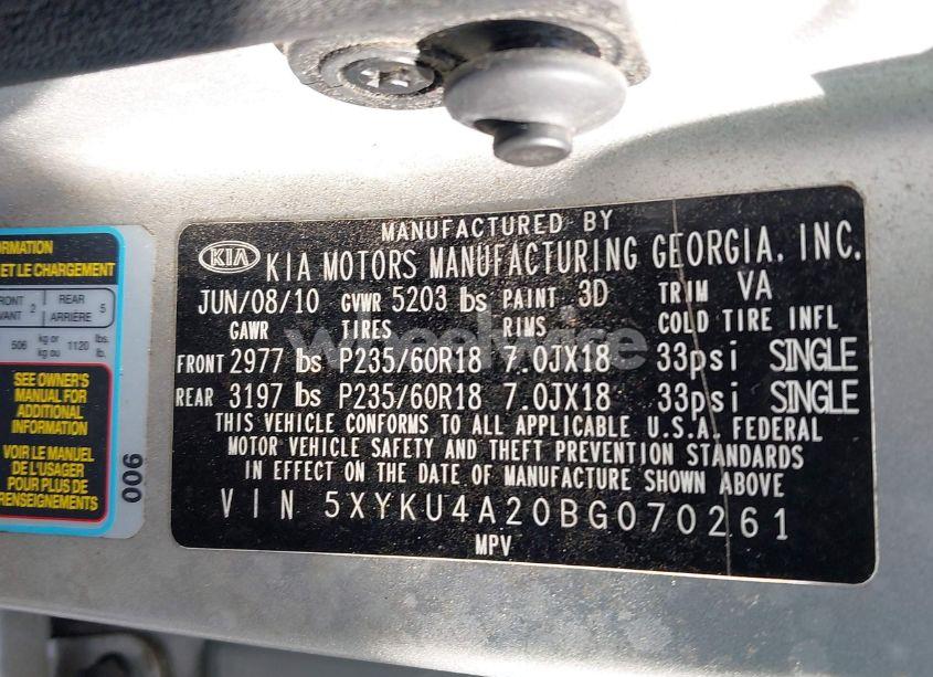 Photo 9 of 2011 Kia Sorento EX V6 (VIN 5XYKU4A20BG070261)