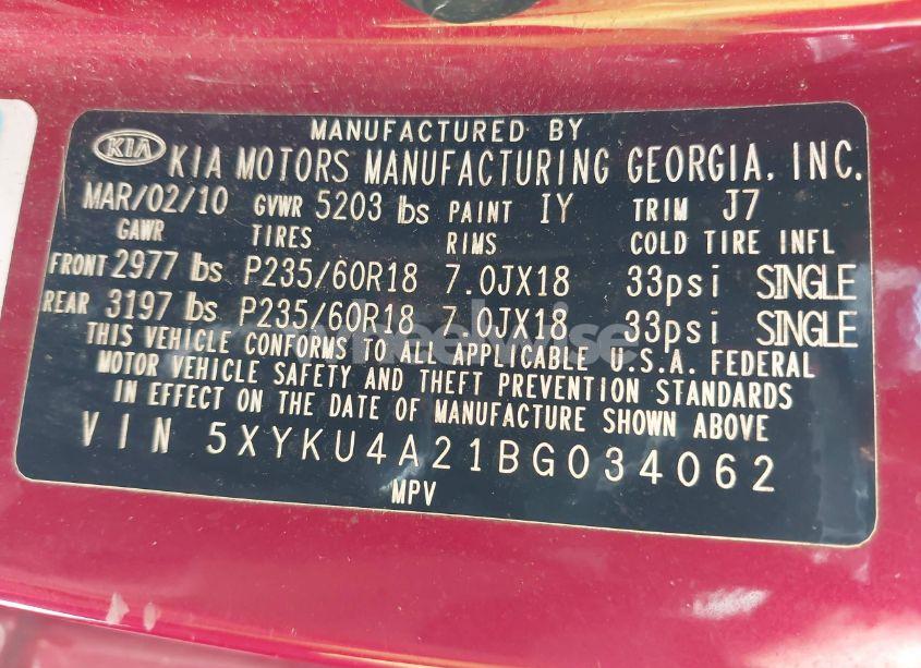 Photo 9 of 2011 Kia Sorento EX V6 (VIN 5XYKU4A21BG034062)