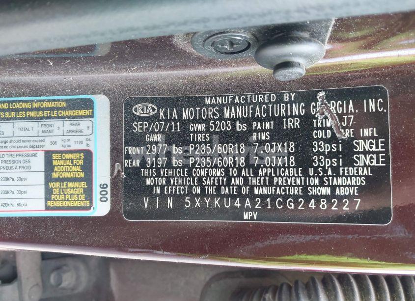 Photo 9 of 2012 Kia Sorento EX V6 (VIN 5XYKU4A21CG248227)