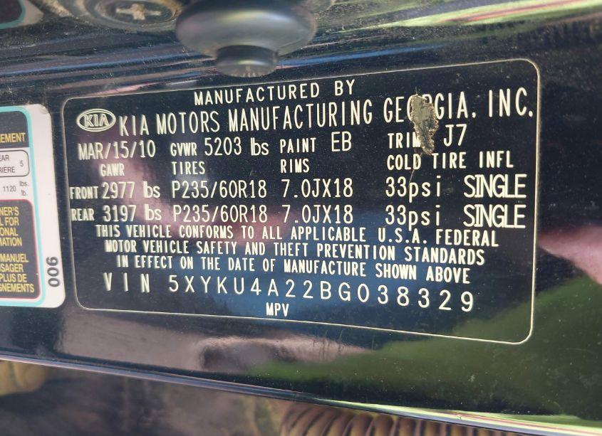 Photo 9 of 2011 Kia Sorento EX V6 (VIN 5XYKU4A22BG038329)