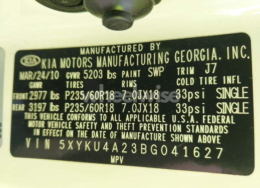 Photo 9 of 2011 Kia Sorento EX V6 (VIN 5XYKU4A23BG041627)