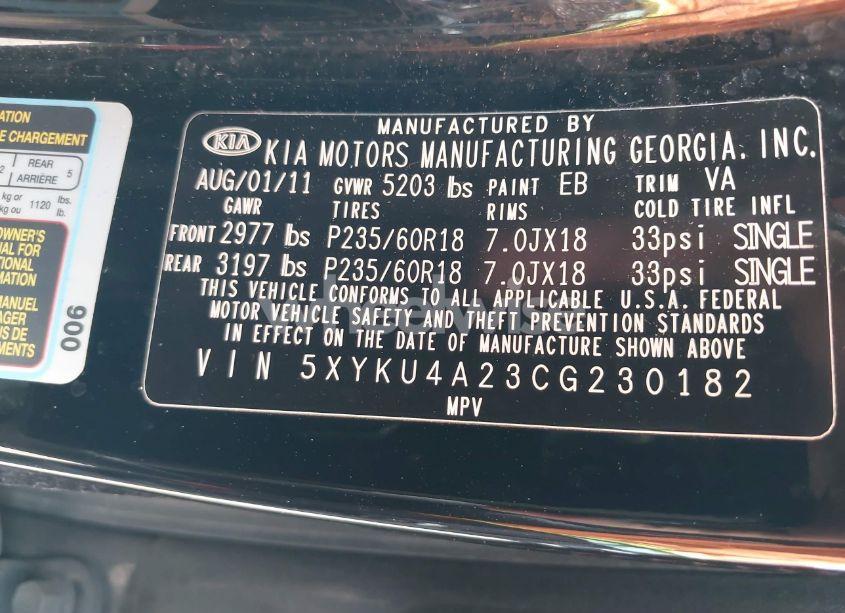 Photo 9 of 2012 Kia Sorento EX V6 (VIN 5XYKU4A23CG230182)