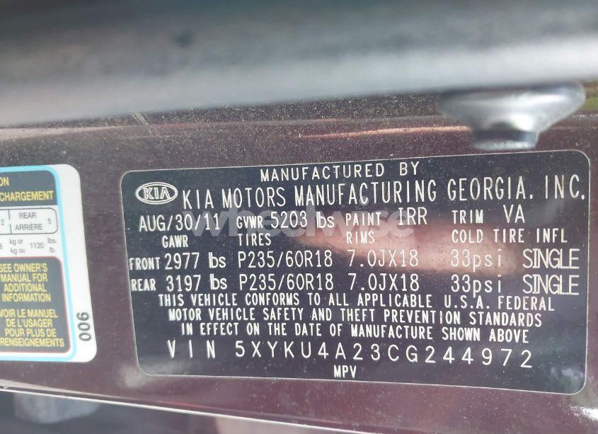 Photo 9 of 2012 Kia Sorento EX (VIN 5XYKU4A23CG244972)