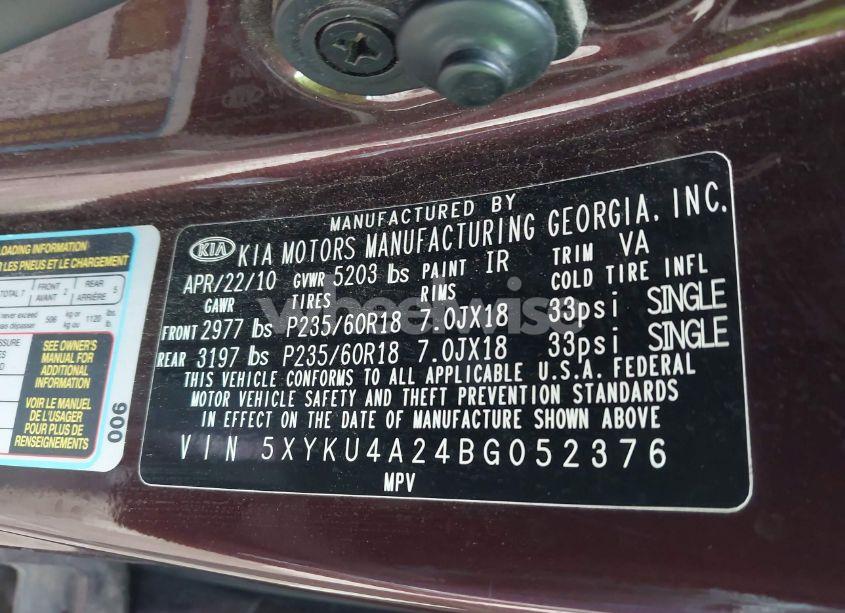 Photo 9 of 2011 Kia Sorento EX V6 (VIN 5XYKU4A24BG052376)