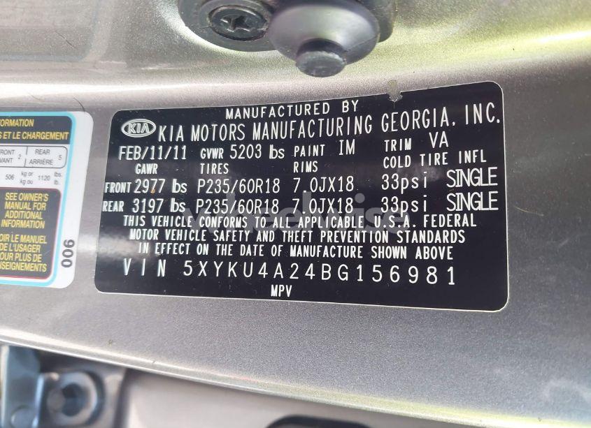 Photo 9 of 2011 Kia Sorento EX V6 (VIN 5XYKU4A24BG156981)