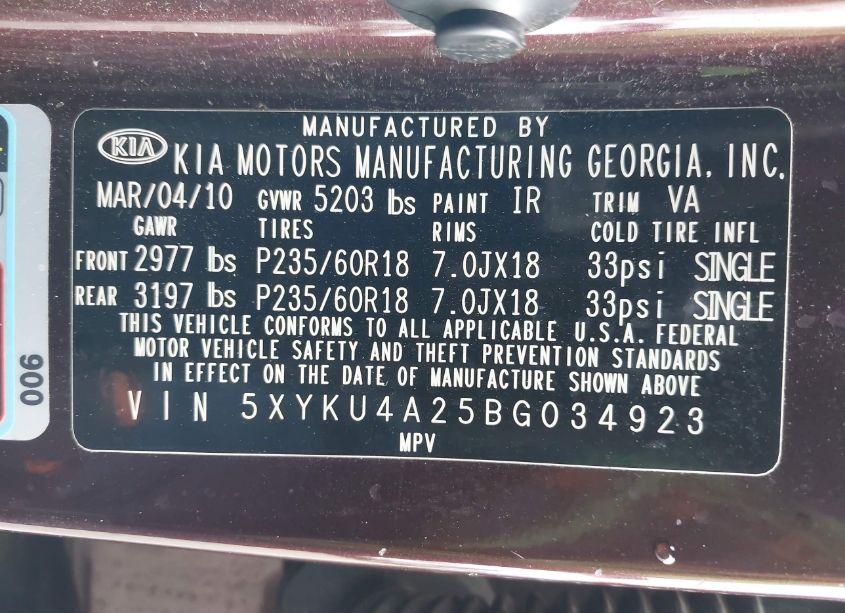 Photo 9 of 2011 Kia Sorento EX V6 (VIN 5XYKU4A25BG034923)