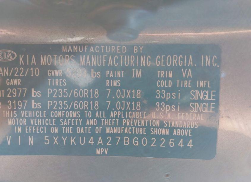 Photo 9 of 2011 Kia Sorento EX V6 (VIN 5XYKU4A27BG022644)