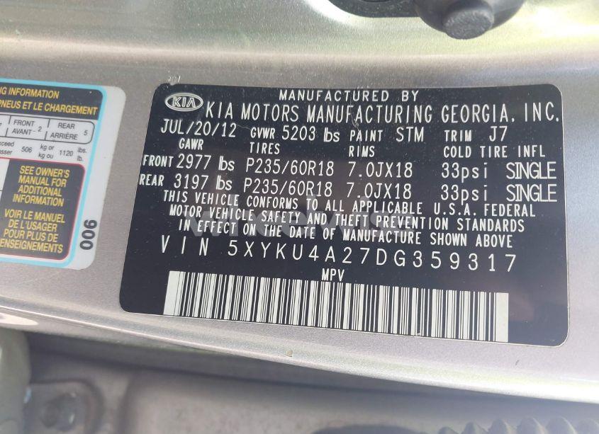 Photo 9 of 2013 Kia Sorento EX V6 (VIN 5XYKU4A27DG359317)