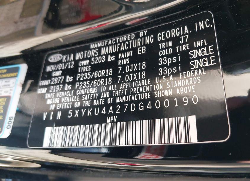 Photo 9 of 2013 Kia Sorento EX V6 (VIN 5XYKU4A27DG400190)