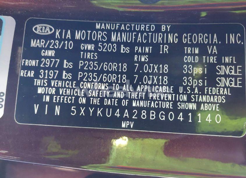 Photo 9 of 2011 Kia Sorento EX V6 (VIN 5XYKU4A28BG041140)