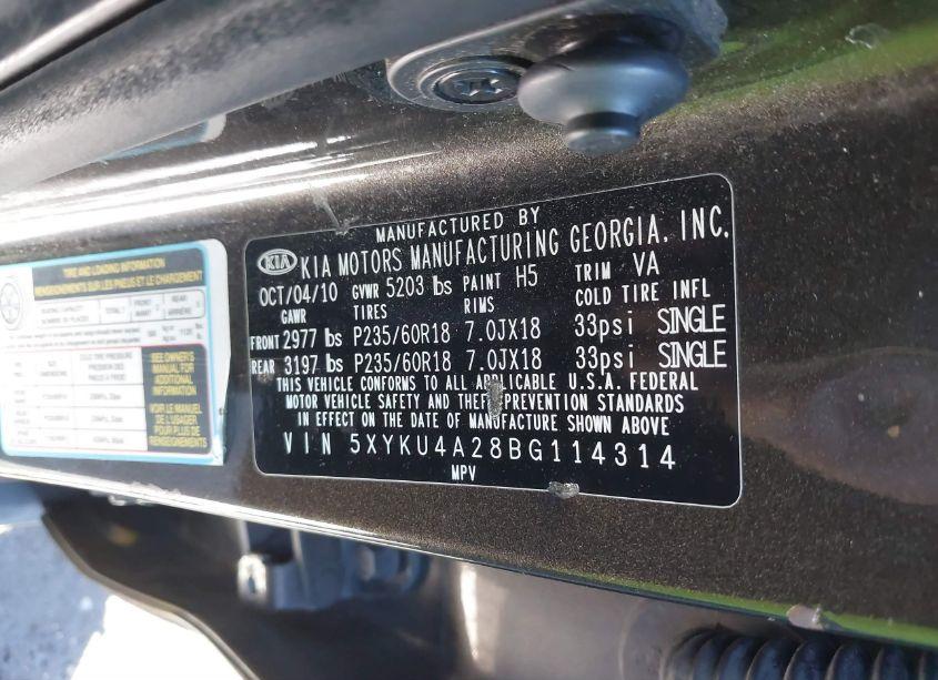 Photo 9 of 2011 Kia Sorento EX V6 (VIN 5XYKU4A28BG114314)