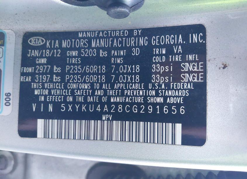 Photo 9 of 2012 Kia Sorento EX V6 (VIN 5XYKU4A28CG291656)