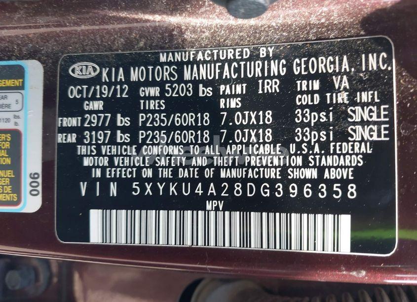 Photo 9 of 2013 Kia Sorento EX V6 (VIN 5XYKU4A28DG396358)