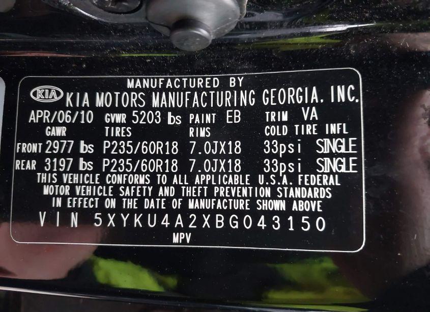 Photo 9 of 2011 Kia Sorento EX V6 (VIN 5XYKU4A2XBG043150)