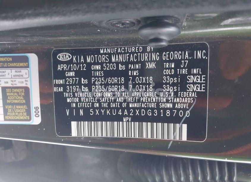 Photo 9 of 2013 Kia Sorento EX V6 (VIN 5XYKU4A2XDG318700)