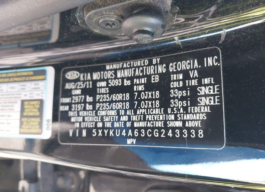 Photo 9 of 2012 Kia Sorento EX (VIN 5XYKU4A63CG243338)