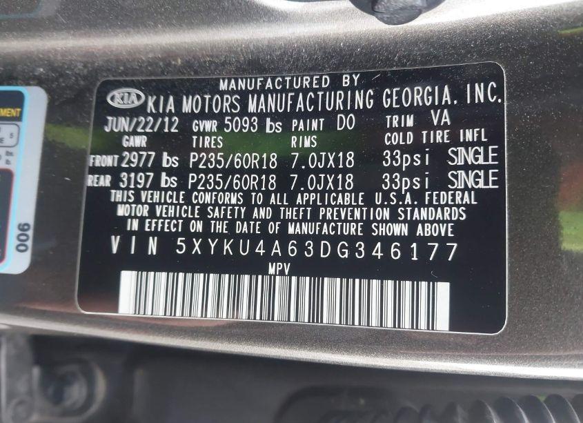 Photo 9 of 2013 Kia Sorento EX (VIN 5XYKU4A63DG346177)