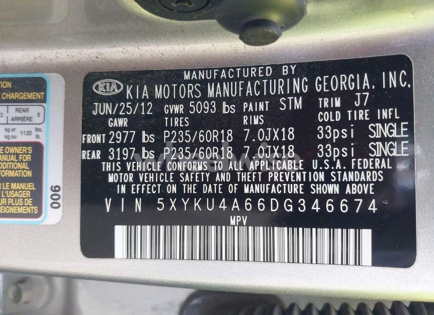 Photo 9 of 2013 Kia Sorento EX (VIN 5XYKU4A66DG346674)