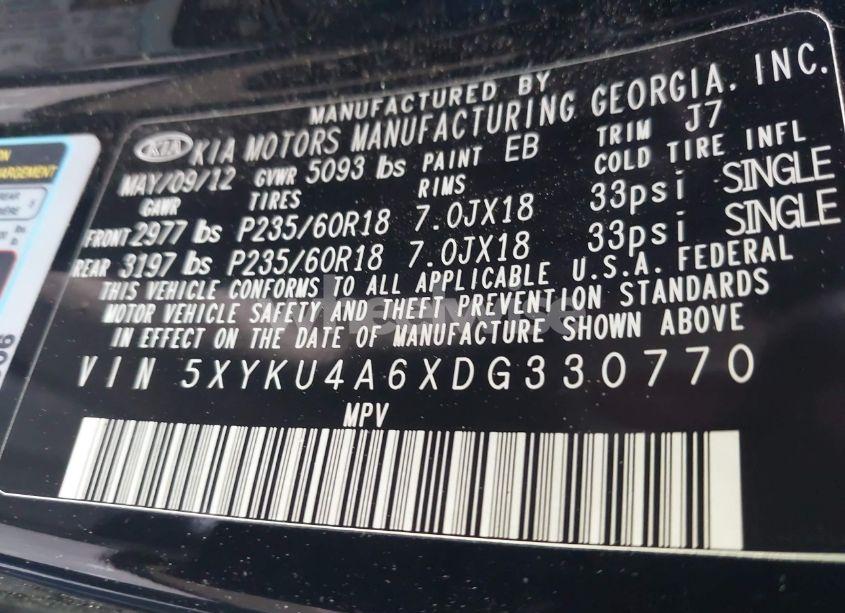 Photo 9 of 2013 Kia Sorento EX (VIN 5XYKU4A6XDG330770)