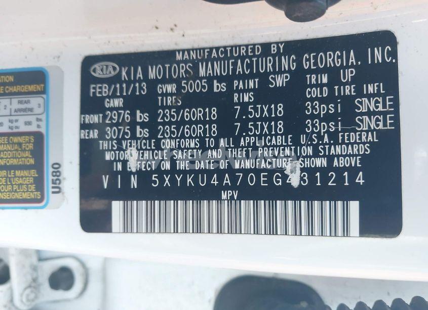 Photo 9 of 2014 Kia Sorento EX V6 (VIN 5XYKU4A70EG431214)