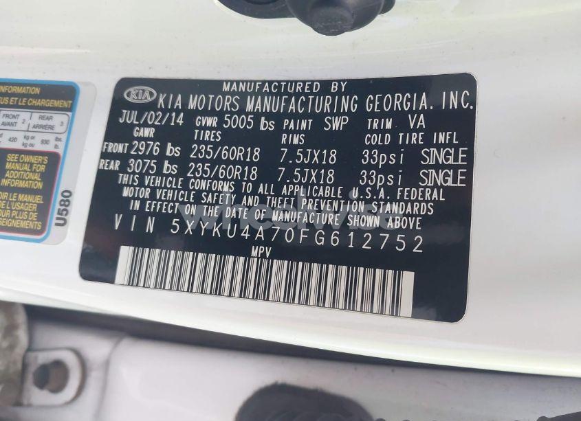 Photo 9 of 2015 Kia Sorento EX V6 (VIN 5XYKU4A70FG612752)