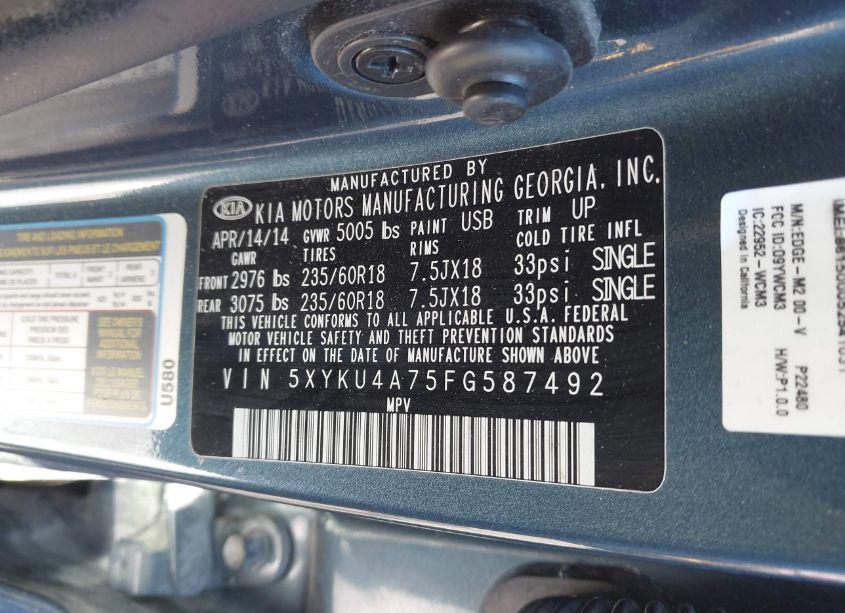 Photo 9 of 2015 Kia Sorento EX V6 (VIN 5XYKU4A75FG587492)