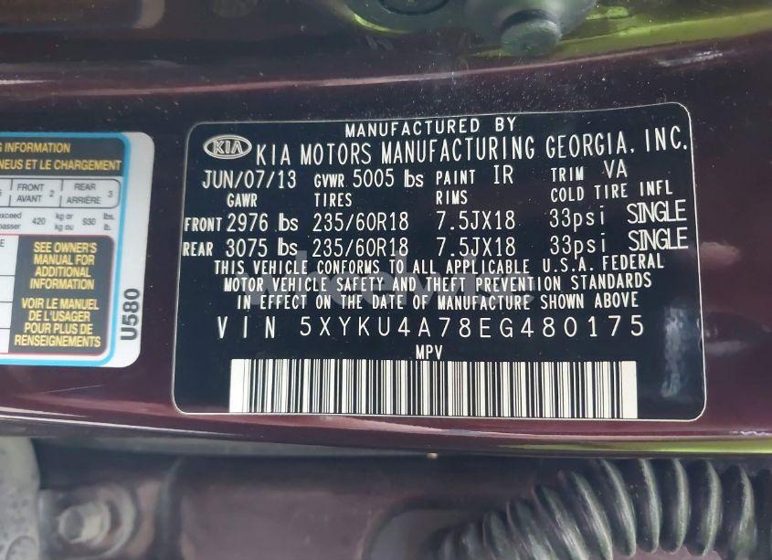 Photo 9 of 2014 Kia Sorento EX V6 (VIN 5XYKU4A78EG480175)