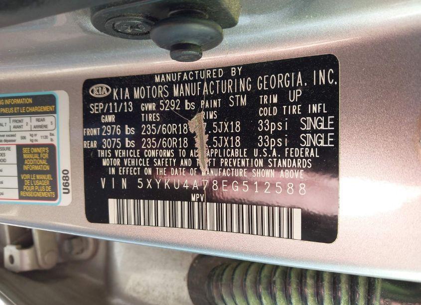 Photo 9 of 2014 Kia Sorento EX V6 (VIN 5XYKU4A78EG512588)