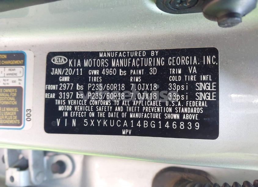 Photo 9 of 2011 Kia Sorento EX (VIN 5XYKUCA14BG146839)