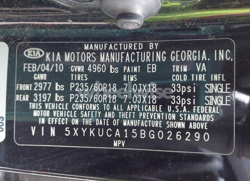 Photo 9 of 2011 Kia Sorento EX (VIN 5XYKUCA15BG026290)