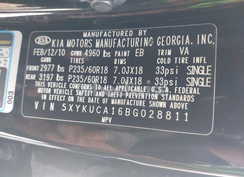 Photo 9 of 2011 Kia Sorento EX (VIN 5XYKUCA16BG028811)